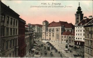 1908 Wien, Vienna, Bécs; Freyung, Schottenpfarrkirche und Schwanthaler Brunnen, Apotheke / parish church, fountain, pharmacy, tram (fl)