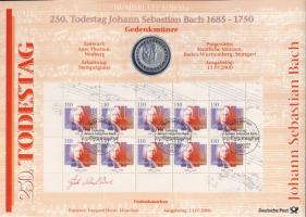 Németország 2000. 10M Ag "Johann Sebastian Bach" nagyalakú emlékíven elsőnapi bélyegzős bélyeg-kisívvel T:BU