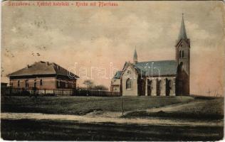 1915 Szczakowa (Jaworzno), Kosciol katolicki / Kirche mit Pfarrhaus / Catholic church and parish (worn corners)