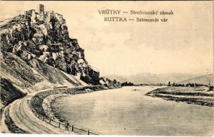 Sztrecsnó, Sztrecsény, Strecno (Ruttka, Vrútky); Strecsnó vár romja a Vág mellett / Burg-Ruine Strecsnó an der Waag / castle ruins with river Váh / Povazie, Strecniansky zámok, hrad (EK)