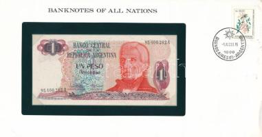 Argentína DN (1983-1984) 1P felbélyegzett "Banknotes of all nations" bankjegyes borítékban, bélyegzéssel T:UNC Argentina ND (1983-1984). 1 Peso in "Banknotes of all nations" banknote envelope with stamp and cancellation C:UNC