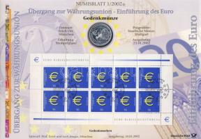 Németország 2002. 10€ Ag "Az Euro bevezetése" nagyalakú emlékíven elsőnapi bélyegzős bélyeg-kisívvel T:BU