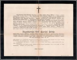 1881 Gróf Károlyi István (1797-1881) főispán, politikus, akadémikus halotti értesítője, Budapestre postázva, kisebb szakadásokkal