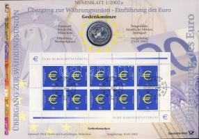 Németország 2002. 10€ Ag "Az Euro bevezetése" nagyalakú emlékíven elsőnapi bélyegzős bélyeg-kisívvel, ismertetővel T:BU
