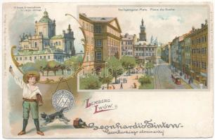 Lviv, Lwów, Lemberg; St. Georg Kathedralkirche, Heiligengeist-Platz. Protokollirte-Schutz-Marke / church, square, tram. Leonhardi's Tinten ink advertisement card. Lith. u. Druck v. Kutzner & Berger Art Nouveau, litho (r)