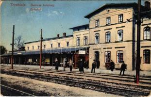 1915 Trzebinia, Tchebin (Galizien); Dworzec kolejowy / Bahnhof / railway station (worn corners) + "K.u.k. Militärzensur Krakau 2"