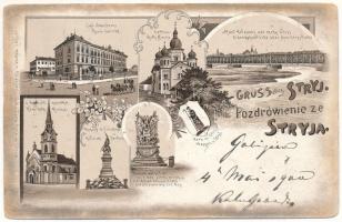 1900 Stryi, Stryj, Strij; Kreis-Gericht, Ruth. Kirche, Eisenbahnbrücke über dem Stryj Flusse, Röm. kath. Kirche, Kilinski Denkmal, Denkmal der im J. 1859 Gefallenen d. g. Inf. Reg., Wappen / district court, Ruthenian church, railway bridge, military monument, coat of arms. Art Nouveau, floral, litho (EM)