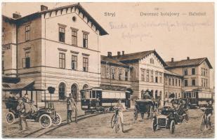 1915 Stryi, Stryj, Strij; Dworzec kolejowy / Bahnhof / railway station, montage with tram, automobiles and bicycles (EK)