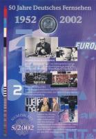 Németország 2002. 10€ Ag "50 éves a Német Televízió" nagyalakú emlékíven elsőnap...