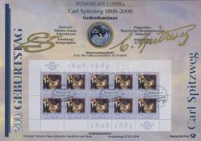 Németország 2008. 10€ Ag "Karl Spitzweg" nagyalakú emlékíven elsőnapi bélyegzős bélyeg-kisívvel T:BU