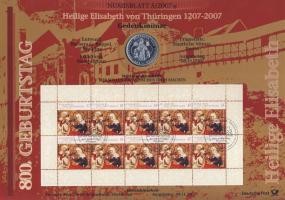 Németország 2007. 10€ Ag "Árpád-házi Szent Erzsébet" nagyalakú emlékíven elsőnapi bélyegzős bélyeg-kisívvel T:BU HUNGARIKA!