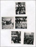 1940 Budaörs, ünnepi körmenet, 5 db fotó, papírlapra ragasztva (csak a sarkuknál ragasztottak), 6x5 cm körül