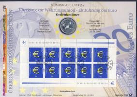 Németország 2002. 10€ Ag "Az Euro bevezetése" nagyalakú emlékíven elsőnapi bélye...