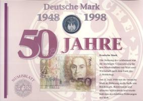 Németország 1998. 10M Ag "50 éves a Német Márka" nagyalakú emlékíven elsőnapi bélyegzős bé...