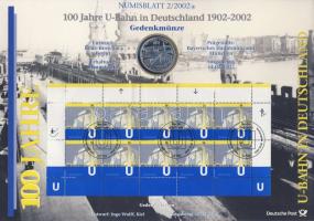 Németország 2002. 10€ Ag "100 éves a német U-Bahn" nagyalakú emlékíven elsőnapi bélyegzős bélyeg-kisívvel, a korabeli vasút tervének másolatával T:BU
