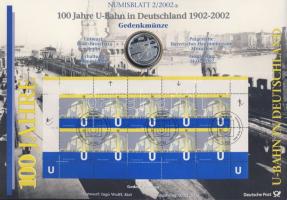 Németország 2002. 10€ Ag "100 éves a német U-Bahn" nagyalakú emlékíven elsőnapi bélyegzős bélyeg-kisívvel, a korabeli vasút tervének másolatával T:BU