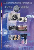 Németország 2002. 10€ Ag "50 éves a Német Televízió" nagyalakú emlékíven elsőnap...