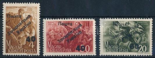Ungvár II. 1945 3 klf Kossuth bélyeg (80.000) Signed: Bodor (40/30f, 60/20f sarokhiba / corner fault)