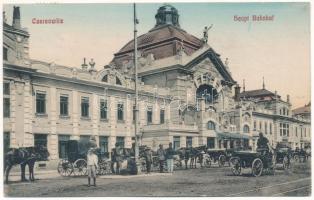 1913 Chernivtsi, Czernowitz, Cernauti, Csernyivci (Bukovina, Bucovina, Bukowina); Hauptbahnhof / railway station, horse-drawn carriages (fl)