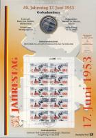 Németország 2003. 10€ Ag "1953 - népfelkelés az NDK-ban" + 10€ Ag "Labdarúgó VB - Németország" nagyalakú emlékíveken egy-egy bélyeg-kisívvel, elsőnapi bélyegzőkkel, ismertetővel, valamint az 1953-as felkelés térképes ábrázolásával T:BU