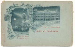 Chernivtsi, Czernowitz, Cernauti, Csernyivci (Bukovina, Bucovina, Bukowina); Röm.-kath. Kirche u. Hauptstrasse, K. k. Post- u. Telegrafen-Amt. Verlag von Leon König / Catholic church, main street, post and telegraph office, winter night. Art Nouveau (b)