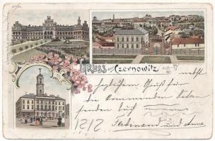 1897 (Vorläufer!) Chernivtsi, Czernowitz, Cernauti, Csernyivci (Bukovina, Bucovina, Bukowina); Orthodox bishops palace, town hall. Regel & Krug Art Nouveau, floral, litho (fa)