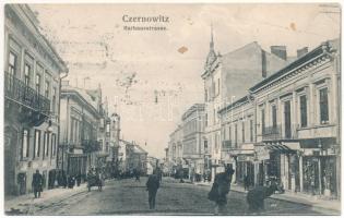 Chernivtsi, Czernowitz, Cernauti, Csernyivci (Bukovina, Bucovina, Bukowina); Rathausstrasse / street view, town hall, shops (fl)