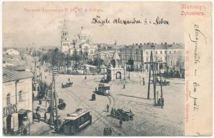 1908 Zhytomyr, Zytomierz; square, chapel and cathedral, trams, shop (Rb)