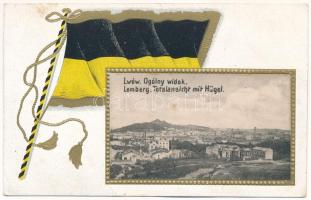 Lviv, Lwów, Lemberg; Ogólny widok / Hügel / Art Nouveau embossed litho with the flag of the Habsburg Monarchy (fl)