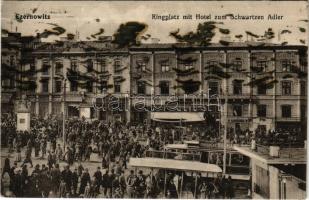 1915 Chernivtsi, Czernowitz, Cernauti, Csernyivci (Bukovina, Bukowina); Ringplatz mit Hotel zum Schwartzen Adler / square, hotel, market, tram with Chocolat Suchard advertisement, shop of M. Langer, Heinrich Sekler, Anglo-Österreichische Bank, Roman (fl)