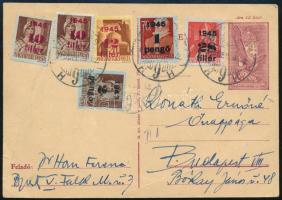 1945 (3. díjszabás) Budapest helyi levelezőlap 6 db bélyeggel