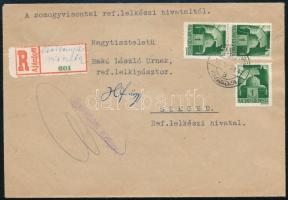 1945 (1. díjszabás) Ajánlott távolsági levél 3P bérmentesítéssel Csoknyavisontáról Szegedre, szükségragjeggyel, cenzúrázva