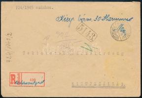 1945 (3. díjszabás) Ajánlott levél készpénzes bérmentesítéssel és szükségragjeggyel