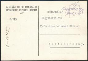 1945.02.06. Távolsági levelezőlap 18f készpénzes bérmentesítéssel Nagyrozvágyról Taktaharkányba