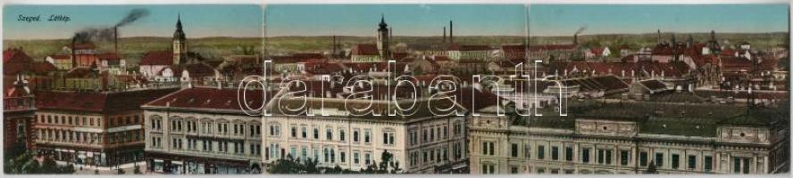 1915 Szeged, látkép. 3-részes kihajtható panorámalap / 3-tiled folding panoramacard (hajtásnál kopott / worn at fold)