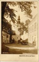 Preddvor nad Kranjem, Höflein; street, church, automobile. photo