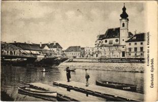 1909 Győr, Erzsébet tér a Rába felől, híd, Pannonia könyvnyomda, "VIHAR" csónak. Polgár Bertalan kiadása (EK)