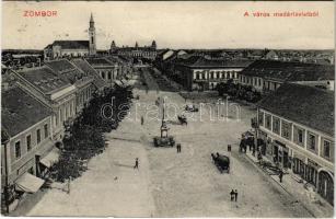 1911 Zombor, Sombor; a város madártávlatból, üzletek. Kaufmann Emil kiadása / general view, shops (EK)