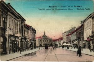 Újvidék, Novi Sad; Püspöki palota, villamos, Böhm Ignác üzlete / bishop's palace, tram, shops (fl)