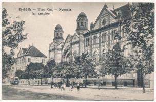 1915 Újvidék, Novi Sad; Izraelita templom, zsinagóga, villamos / street view, synagogue, tram (EK)