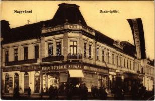 1908 Nagyvárad, Oradea; Bazár épület, Magyar Általános Hitelbank nagyváradi fiókja, Dr. Barta fogorvos, Frankl Róza, Ausländer Berta, Wéber Testvérek üzlete, &quot;Jogász bál 1906&quot;. Rákos Vilmos kiadása / street view, shops, bank (EB)