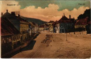 Segesvár, Schässburg, Sighisoara; Piac tér, városi vasútvonal építése. Vasúti levelezőlapárusítás 1280. / market square, urban railway line under construction (EK)