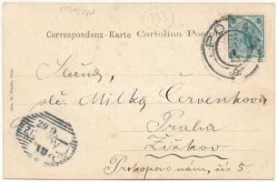 1903 Pola, Pula; Riva, Caffe Miramar / port, cafe shop. Dep. M. Clapis Art Nouveau litho flag