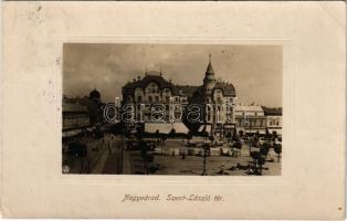 1917 Nagyvárad, Oradea; Szent László tér, villamos, Fekete Sas nagyszálloda, zsinagóga, piac, Cziller Imre üzlete / square, tram, hotel, synagogue, market, shops (EK)