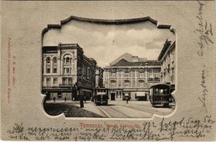 1902 Temesvár, Timisoara; Szent György tér, villamos, Varneky A. üzlete / square, tram, shops (fl)