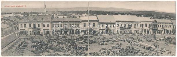 1912 Radauti, Radóc, Radautz (Bukovina, Bucovina, Bukowina); Marktplatz / market square, shops of Feibel Gutman, Juda Heller, Dawid Weber J., beer halls. 2-tiled folding panoramacard (r)