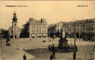 1917 Temesvár, Timisoara; Gyárváros, Kossuth tér, villamos, templom, Csendes és Fischer üzlete, emlékmű / square, tram, church, shops, monument + &quot;K.u.K. Garnisonsspital Nr. 21. Chirurg. Abt. Szegeder Strasse&quot; (EK)