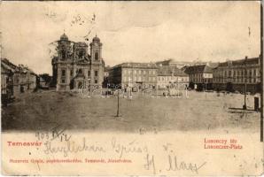 1903 Temesvár, Timisoara; Losonczy tér, templom, Freund üzlete. Moravetz Gyula kiadása / Losonczer-Platz / square, church, shops (szakadás / tear)