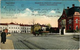 1915 Nagyszeben, Hermannstadt, Sibiu; Állomás tér és villamosmű a pályaudvarral, vasútállomás. Vasúti levelezőlapárusítás 6. sz. 1915. / Bahnhof u. Elektrizitätswerk / railway station, square, electric power plant, power station (ázott sarok / wet corner)