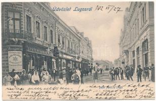 1902 Lugos, Lugoj; Deák Ferenc utca, Epstein Sándor kézműáru raktára a Kék Csillaghoz, üzletek / street view, shops (EK)